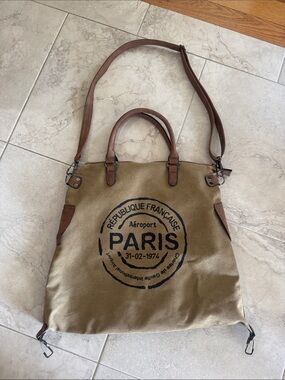 Aris Olive Canvas Tote with Black Paris Stamp